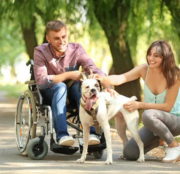A caregiver embracing a senior couple, one of whom uses a wheelchair, in a warm home setting