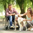 A caregiver embracing a senior couple, one of whom uses a wheelchair, in a warm home setting